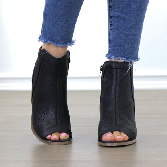 Black Laser cut Design Open Toe Ankle Boots - Picture 8 of 8